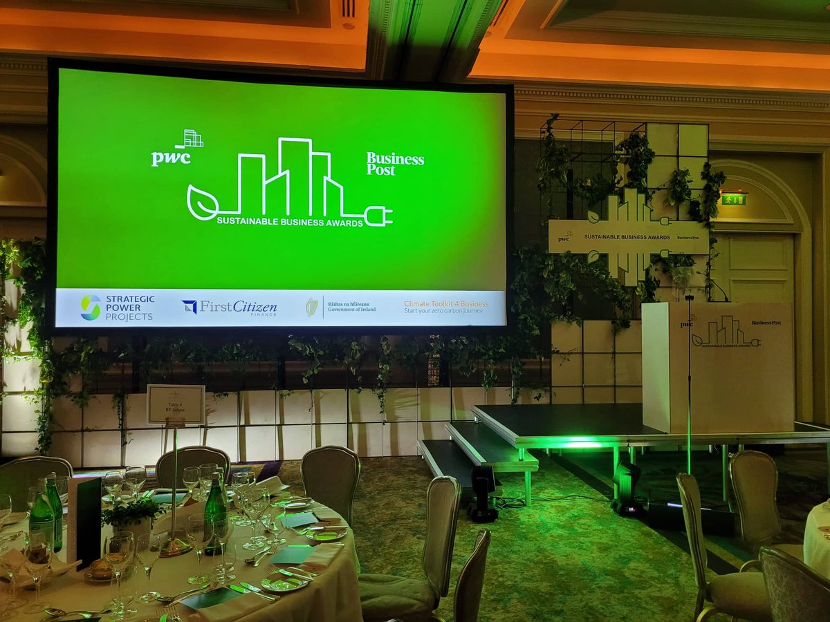 businessposthq's tweet photo. ❇️Welcome to the inaugural Business Post @PwCIreland #SustainableBusinessAwards2022❇️ 
The set is made from natural materials with no oils, paints or powder coating and real ivy to be composted afterwards @InterConDublin. Follow the hashtag to see the winners throughout the night https://t.co/PvAkc6Ziq3