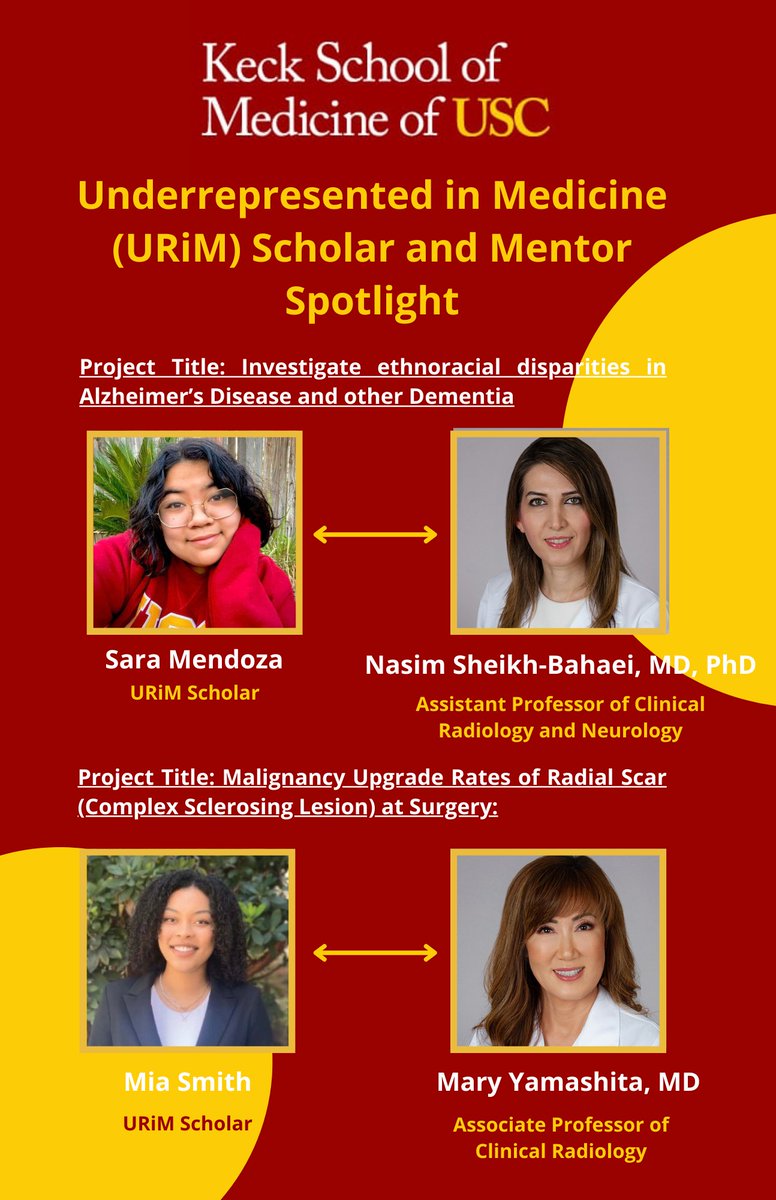 Offering our second spotlight of URiM Scholarship awardees and their research mentors; Distinguished women physician scientists in radiology at USC providing #radiologyresearch mentorship to future #womeninmedicine.