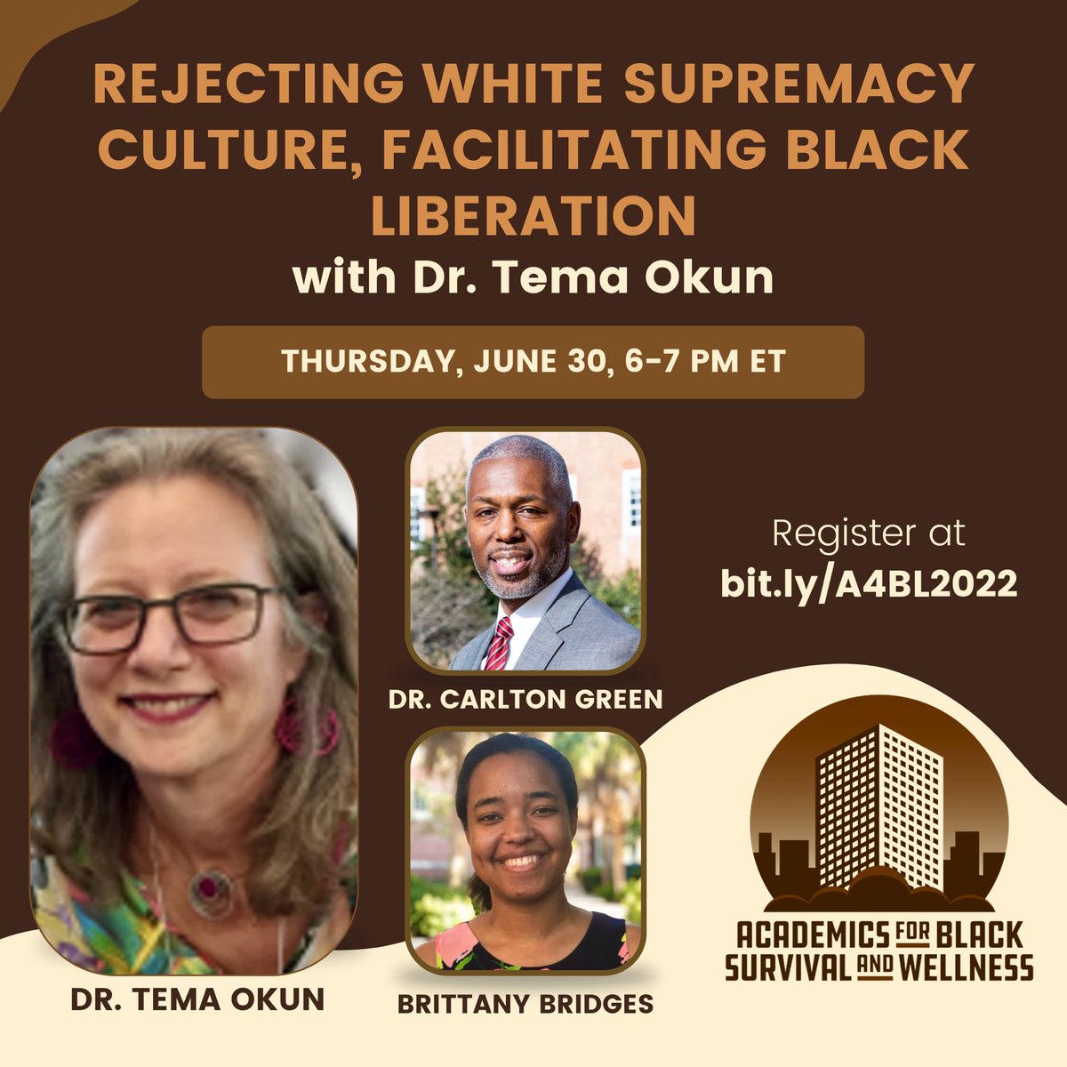Academics4BSW's tweet photo. #A4BL2022 starts THIS WEEKEND! Check out some of our amazing features, including Dr. Bettina Love, Dr. Janet Helms, Dr. Maryam Jernigan-Noesi, Dr. Tema Okun, Rachel Cargle, and more! Register at https://t.co/tU7YWnl795 ✊🏾❤️ https://t.co/oQA0AEpEJh