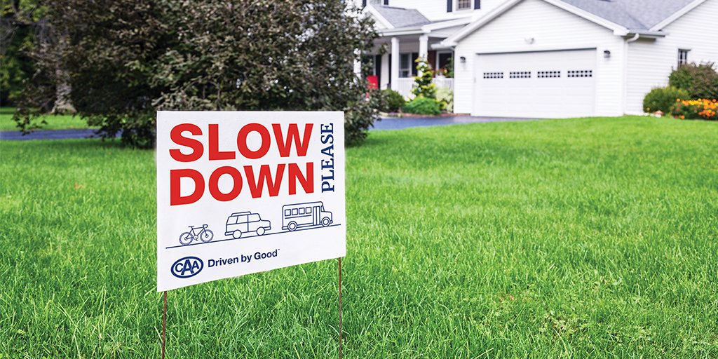 CAASCO's tweet photo. Warmer weather means more people are out and about. Help remind motorists to reduce their speed with a FREE “Slow Down Please” lawn sign available at your local South Central Ontario CAA Store. 
Learn more here: https://t.co/u9PKXoebOS

#drivenbygood https://t.co/sTkdQrDzYZ