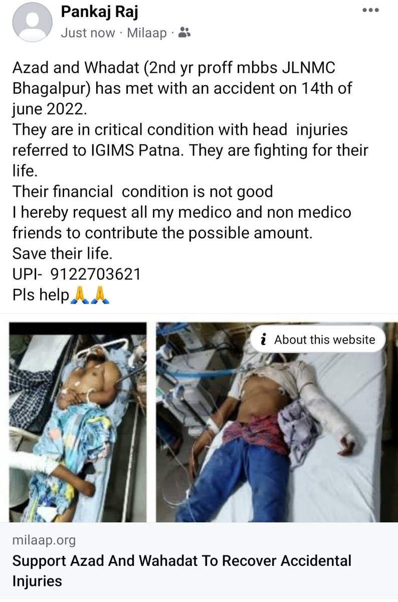 They're my batchmates.he fight or their life referred to Igims patna.
Requested to all my medico and non medico to contribute the possible amount &amp; save their life.
UPI 9122703621 &amp; 9122727807.
Pls help 🙏🙏