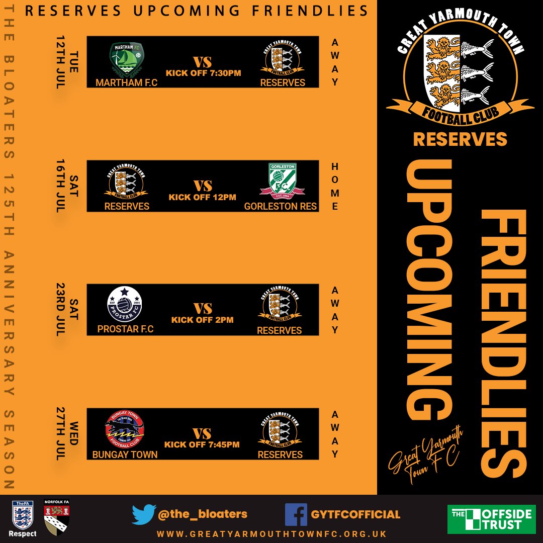 The_Bloaters's tweet photo. 🖤🧡 UPCOMING RESERVES TEAM PRE-SEASON FRIENDLIES🧡🖤 @MarthamFC1 @gorlestonfc @fc_prostar @BungayTownFC  #thebloaters #preseason #friendlies #greatyarmouthtownfc #gytfc https://t.co/Z9onrdNdA4