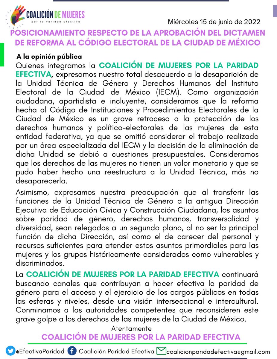 Desde la Coalición de Mujeres por la Paridad Efectiva estamos en total desacuerdo con la aprobación de las reformas al Código Electoral de la #CDMX que representaron un duro golpe a los derechos de las #mujeres. Pedimos al <a href="/Congreso_CdMex/">Congreso de la Ciudad de México</a> reconsidere. #YoDefiendoAlaDemocracia