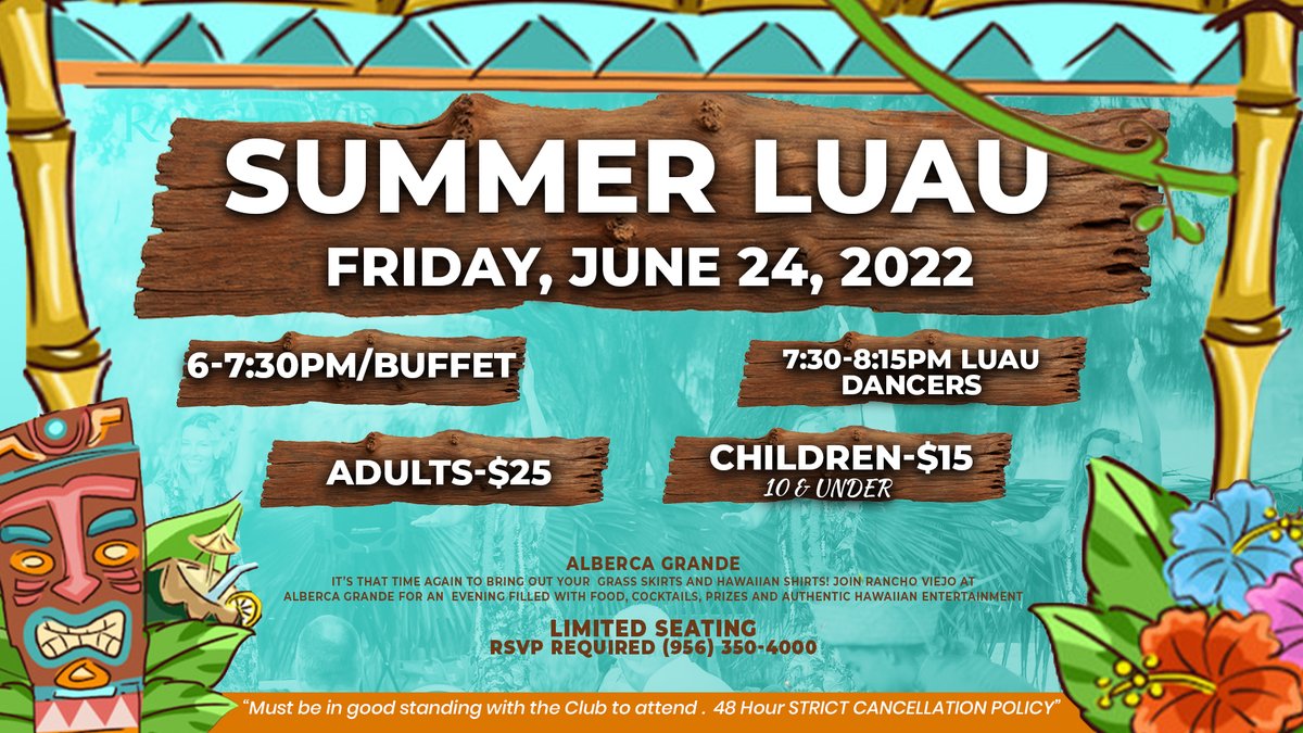 IT’S THAT TIME AGAIN TO BRING OUT YOUR  GRASS SKIRTS AND HAWAIIAN SHIRTS! JOIN RANCHO VIEJO AT
ALBERCA GRANDE FOR AN  EVENING FILLED WITH FOOD, COCKTAILS, Prizes AND AUTHENTIC HAWAIIAN ENTERTAINMENT #summer #poolparty #luau #ranchoviejoresort