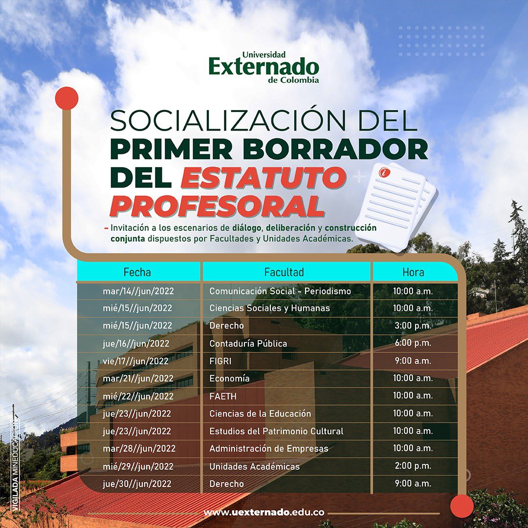 Invitamos a los profesores y las profesoras de la Facultad de Derecho de <a href="/UExternado/">U.Externado</a> a participar en las sesiones de socialización del primer borrador del estatuto profesoral, hoy 15 de junio 3 p.m. y el 30 de junio 9 a.m.