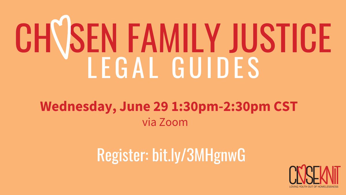 Interested in learning how to join the movement to prevent youth homelessness and reduce racial inequities? Join us for our Chosen Family Justice Resource Launch on 6/29 as we share our new and updated legal guides. Learn more and register at bit.ly/3MHgnwG!