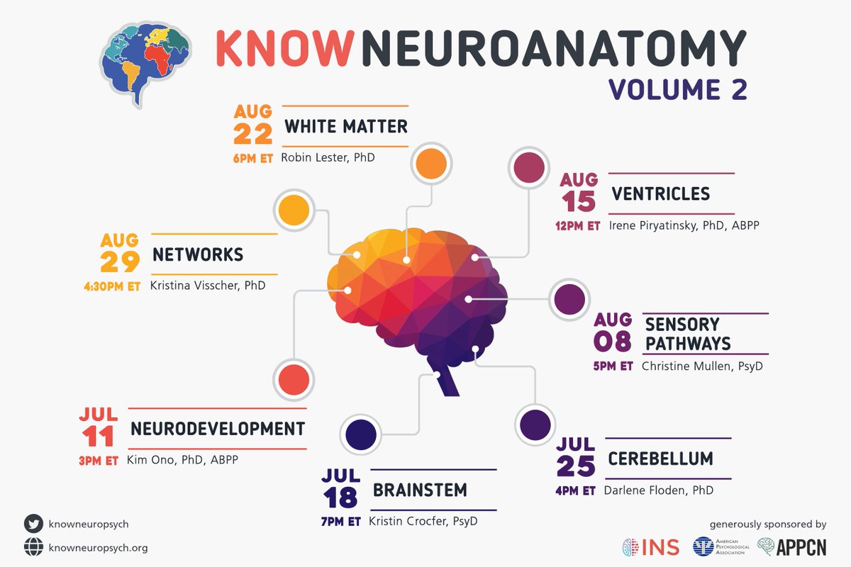 #KnowNeuroanatomy Volume 2 is coming your way with seven all new lectures starting July 11! Look at this amazing line up 👇👇👇

Register for free @ knowneuropsych.org