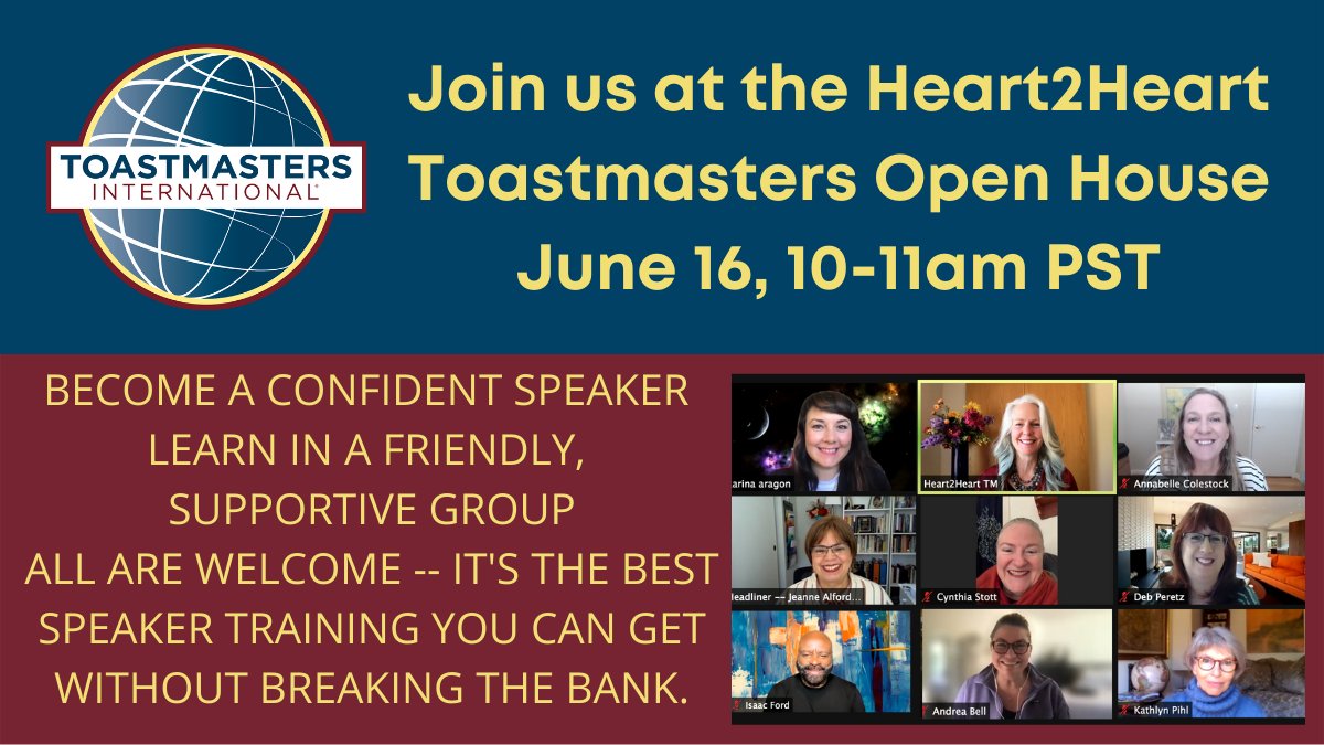 Develop your speaking skills to grow your business or career! Join us for our Open House Toastmasters meeting on Zoom tomorrow at 10:00 AM PDT. All are welcome. Register free tinyurl.com/H2HThursday
 #toastmastersinternational #PublicSpeaking #confidentspeaker #heart2heart