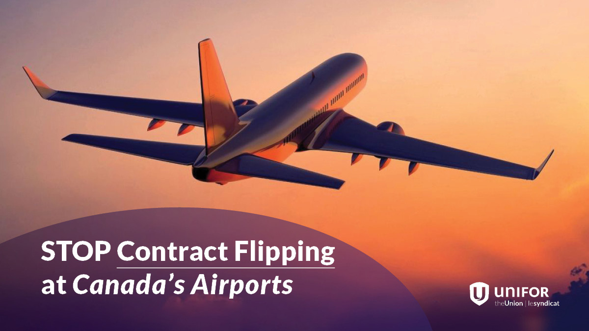Unifor2002pac's tweet photo. Stop Contract Flipping at Canada’s Airports.
Each time a contract for an airport service flips, workers are forced to reapply for their same job with the new company, often with significant wage cuts and reduced benefits https://t.co/jNEQpYGfvF via @UniforTheUnion #unifor #canlab https://t.co/opmfFfL4nl