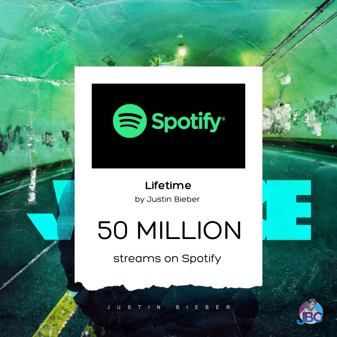 JBCrewdotcom's tweet photo. “Lifetime” by Justin Bieber has officially surpassed 50 million streams on Spotify, making it the 16th song from “Justice” to pass this milestone. https://t.co/rgBK8x5lCt