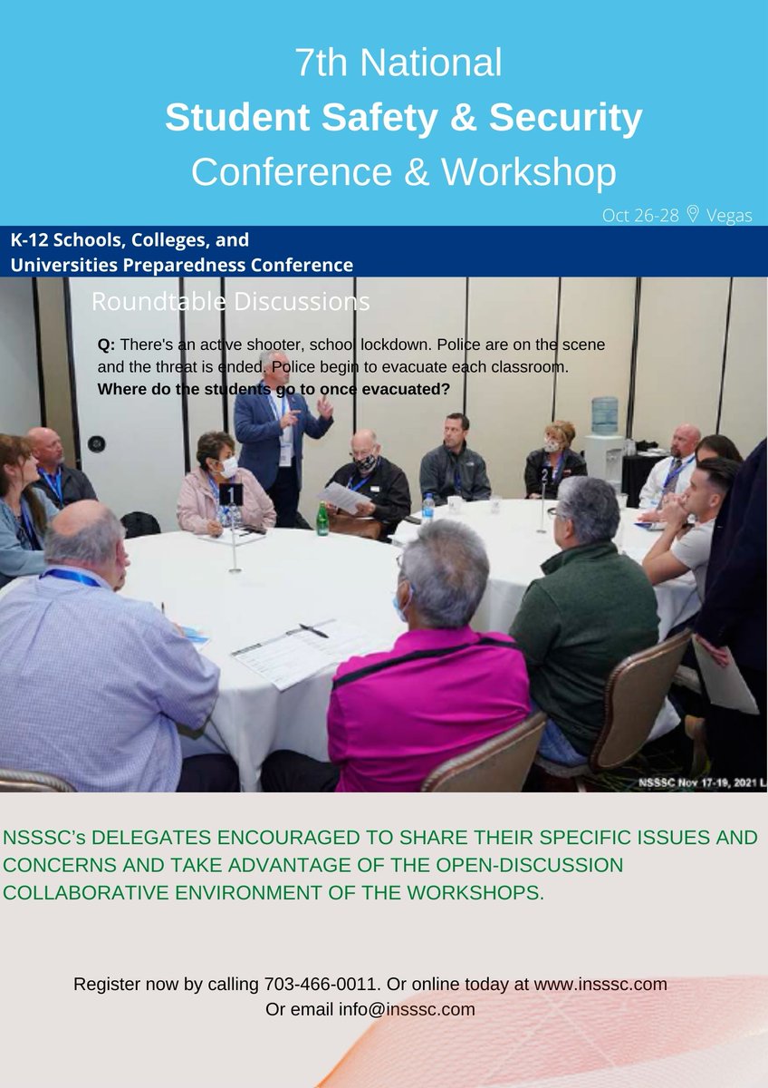 7th National Student Safety Conference is on Oct 26-28 in Vegas. NSSSC presents a clear overview of prevention, preparedness, response & recovery. 
Website: insssc.com 
Phone: 703-466-0011
#schoolsafety #prevention #childsafety #education #doe