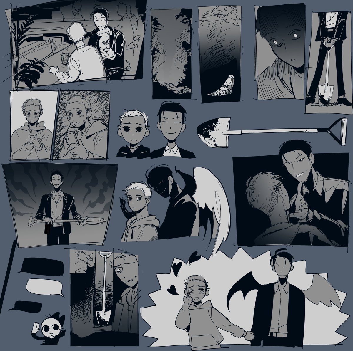 robodumpling's tweet photo. a funny little moodboard I sketched during my scripting phase. 
not usually a part of my process but I think it really helped me solidify the ~vibes~ I wanted to convey in the finished comic!! https://t.co/poBj4jvVec
