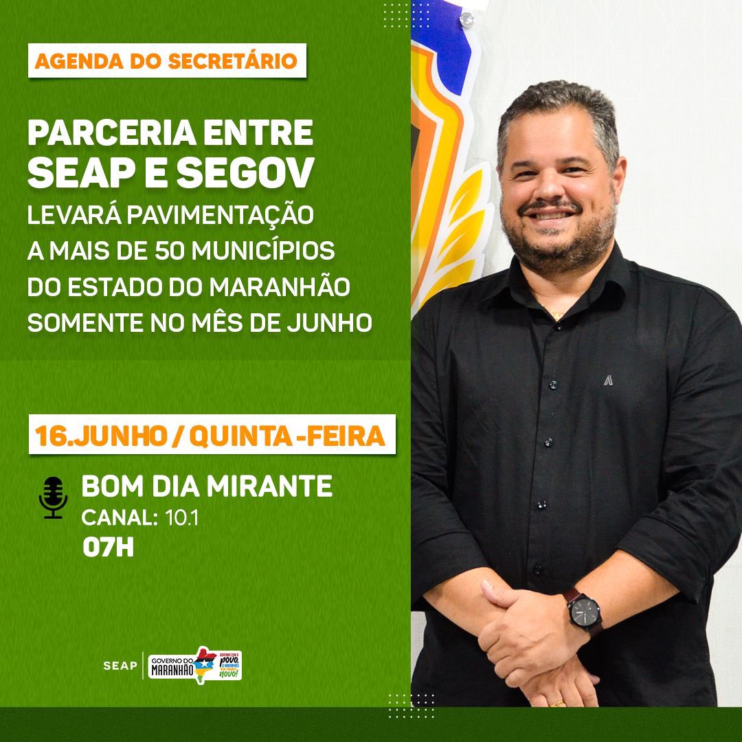Estarei amanhã, no programa Bom Dia Mirante, falando sobre as pavimentações que estão sendo feitas pelo Governo do Maranhão, por meio da parceria entre a <a href="/seap_ma/">SEAP_MA</a> e a Segov. Assistam!