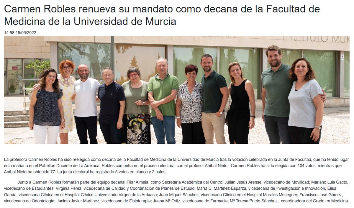 Carmen Robles renueva su mandato como Decana de la Facultad de Medicina <a href="/MedicinaDecana/">Carmen Robles</a> 
Gracias por haber depositado vuestra confianza en este equipo: trabajaremos con ilusión, responsabilidad y compromiso.
<a href="/palmelar/">Pilar Almela</a> <a href="/Jacinto_MP/">Jacinto Martinez</a> <a href="/mariatemedicina/">M. Teresa Prieto</a> <a href="/EGV2019/">EGV2019</a> <a href="/maria75799682/">María Mtnez-Esparza</a> <a href="/JjArense/">Julian J. Arense</a>
