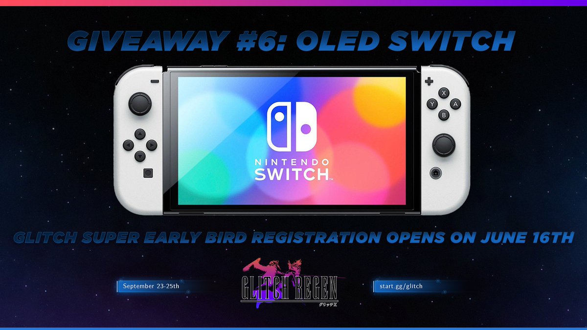 It's almost time.

At 8 PM ET on Thursday (6/16), Super Early Bird Registration will be OPEN for Glitch: Regen! The first 300 entrants will receive an exclusive discount when they sign-up!

To celebrate, we're giving away an OLED Switch!

To enter: RT this &amp; follow <a href="/Glitch_Smash/">Glitch: Duel of Fates</a>!