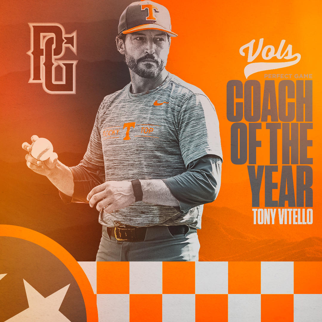 Vol_Baseball's tweet photo. The back-to-back @PerfectGameUSA 𝗡𝗮𝘁𝗶𝗼𝗻𝗮𝗹 𝗖𝗼𝗮𝗰𝗵 𝗼𝗳 𝘁𝗵𝗲 𝗬𝗲𝗮𝗿, Tony Vitello!

#GBO // #OTH https://t.co/Huc97MTSTg