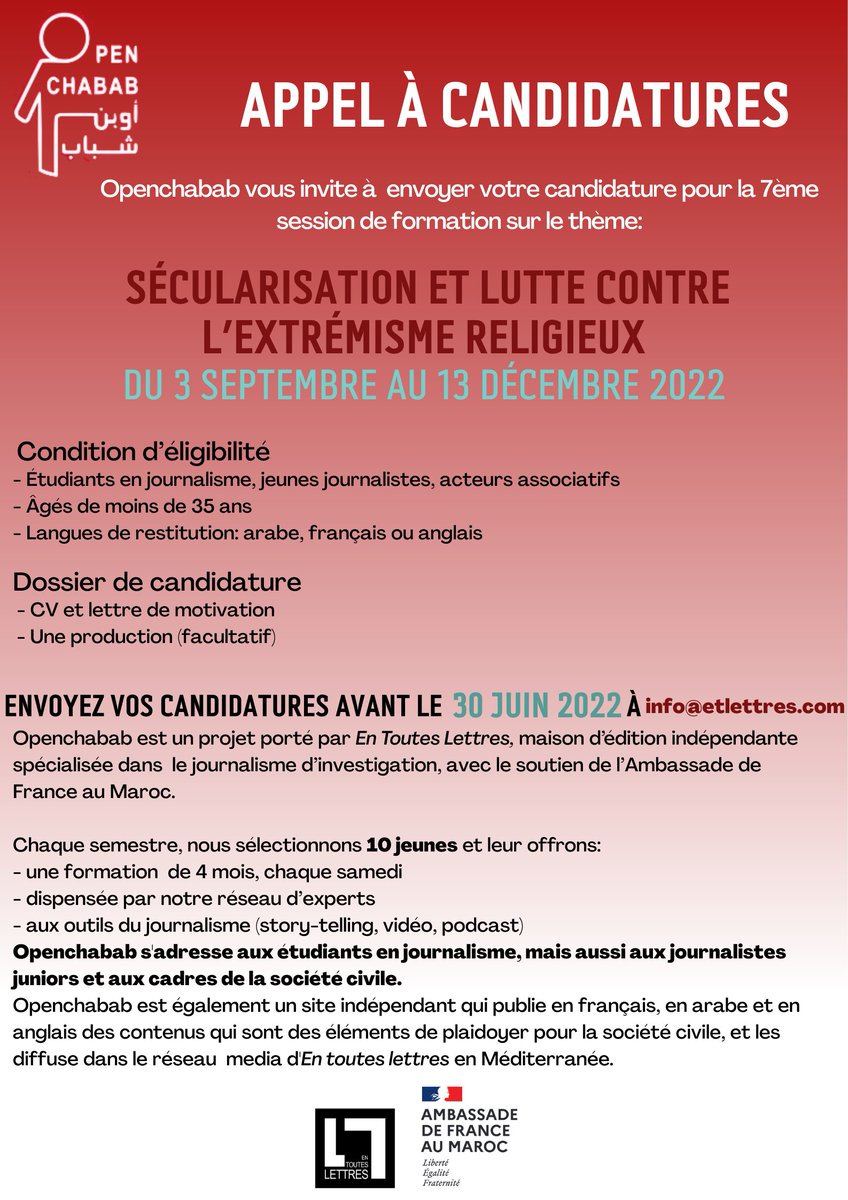 openchabab's tweet photo. #Openchabab, ça repart en septembre! Envoyez vos candidatures avant le 30 juin!
#Maroc #Jeunes #Formation #Secularisation #Modernite #Penseecritique #Extremismereligieux #Etlettres https://t.co/pMD7O4wunT