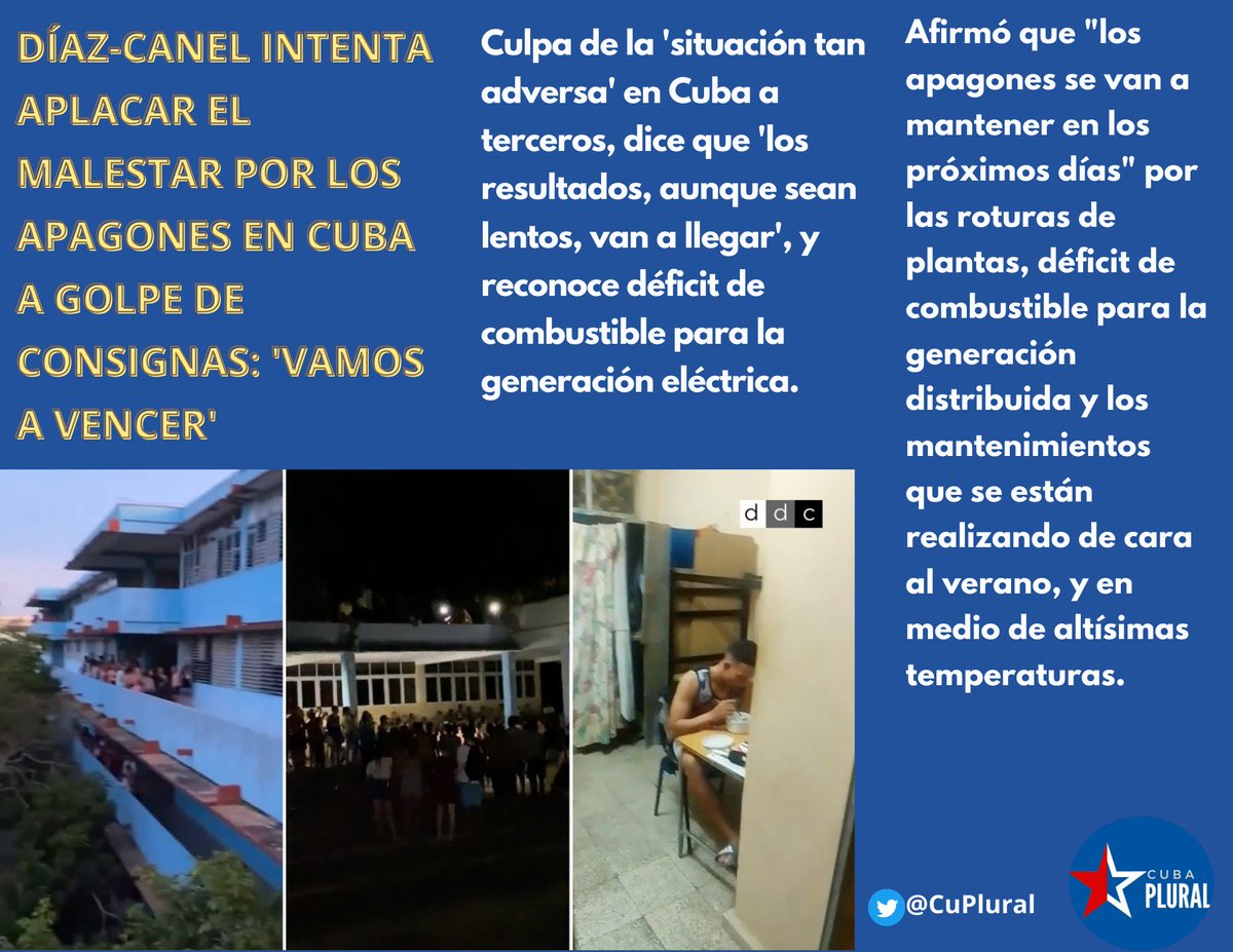 CuPlural's tweet photo. El dictador @DiazCanelB recurre a consignas baratas para intentar calmar al pueblo 

En una reunión en la que abordó la crisis energética e intentó aplacar el malestar por los continuos apagones 

#PonganLaCorrientePinga
#SOSCuba #EnCubaHayUnaDictadura https://t.co/eQ0QlHPkS9