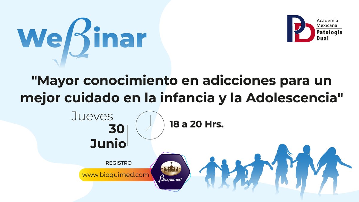 Bioquimedmx's tweet image. Te invitamos a nuestro foro virtual "Mayor conocimiento en adicciones para un mejor cuidado en la infancia y la Adolescencia" el Jueves 30 de Junio a las 18 Hrs. Regístrate en el link bit.ly/3tDY5G6  y forma parte de nuestro programa de Educación Médica Continua #Webinar