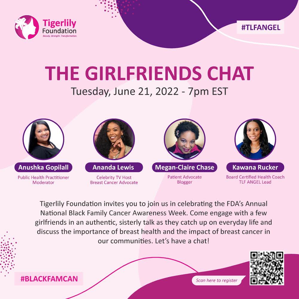 Girlfriend chat next week,During national black family cancer week. Cancer conversations are often times avoided in communities of color. Let’s end the stigma so we have better outcomes. #cancer #breastcancer <a href="/AnandaLewis/">Ananda</a> <a href="/warriormegsie/">Megsie</a> <a href="/tigerlilycares/">Tigerlily Foundation</a> <a href="/Maimah/">Maimah Karmo</a>