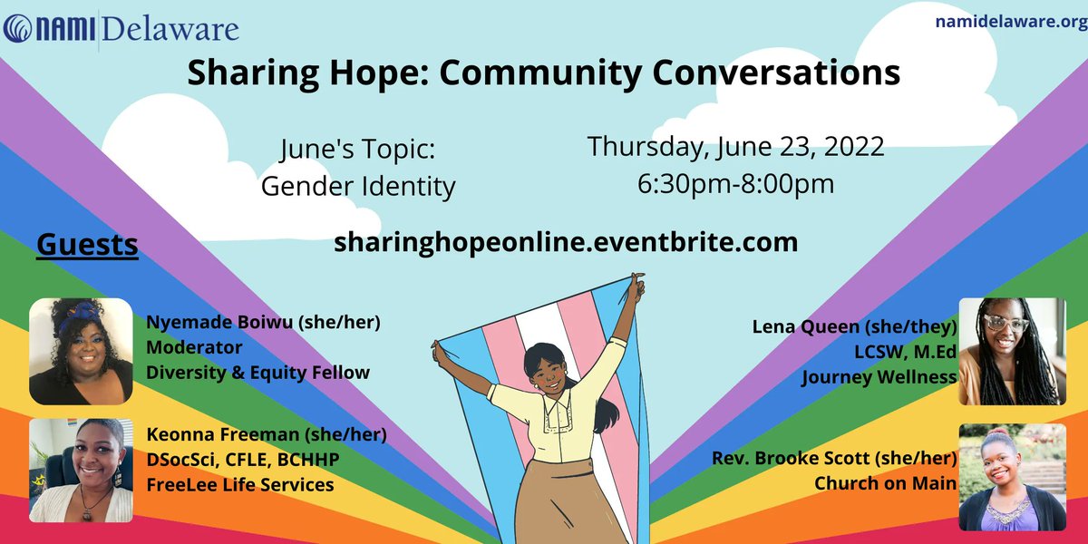 Next week, join us for a special #PrideMonth Sharing Hope: Community Conversations on Gender Identity! With guests from <a href="/FreeLeeFoundat1/">FreeLee Life Services, Inc.</a>, Journey Wellness Delaware, and <a href="/churchonmainde/">Church On Main</a>, we are so excited to have this conversation. Register now: buff.ly/2N6isGl