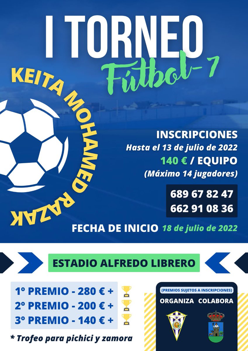 Este año nuestro tradicional trofeo de verano de Fútbol 7 será mas especial que nunca.

Pd: Los premios podrán variar en función del número de equipos inscritos.

La edad mínima para participar es de 15 años.