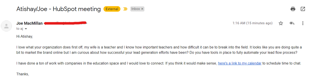 atishaygen's tweet photo. Why this is a BRILLIANT example of email outreach:
This isn't just first name personalised. The content is personalised. Not a random lead reactivation mass email campaign but an email written specifically for Suraasa. First line instantly connects. gtg reply to this guy https://t.co/43dULsxTye