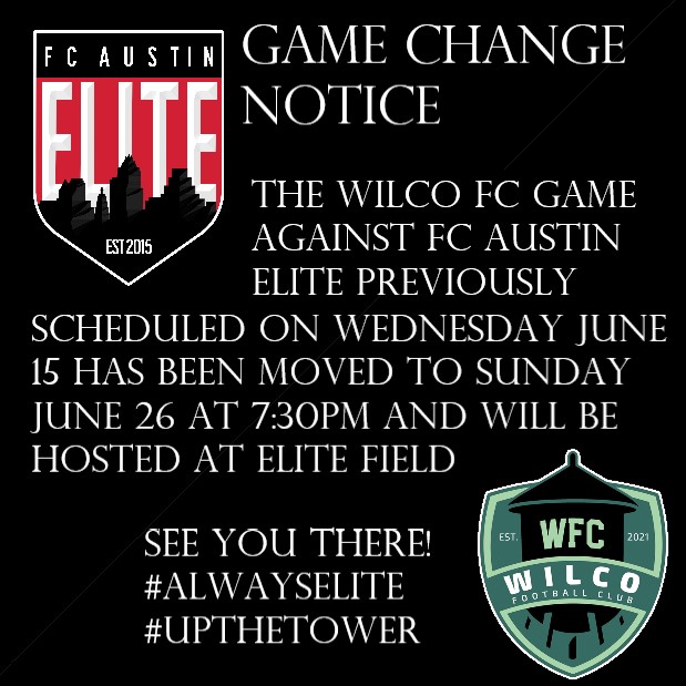 WilCoWFC's tweet photo. 🚨Game Change🚨

We've moved tonight's game against @FCAustinElite to Sunday June 26 to allow us to have just two games this weekend and two next weekend, instead of 4 in 10 days. Plus something cool will come of it. 

Next up @LuxoriaFc on Fri Night at @RoundRockMPC! #UpTheTower https://t.co/IaJ5ibaaXQ