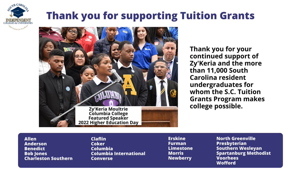 SCICU_President's tweet photo. Thank you @SCSenatePres Thomas Alexander, @SCHouseSpeaker Murrell Smith, and members of the @SCSenate and @SCHouse for your continued support of the @SCTuitionGrants Program and other #needbasedaid for SC students attending #SouthCarolina colleges. #SCICU https://t.co/exf3tNzaqq https://t.co/SoR3akrPqd