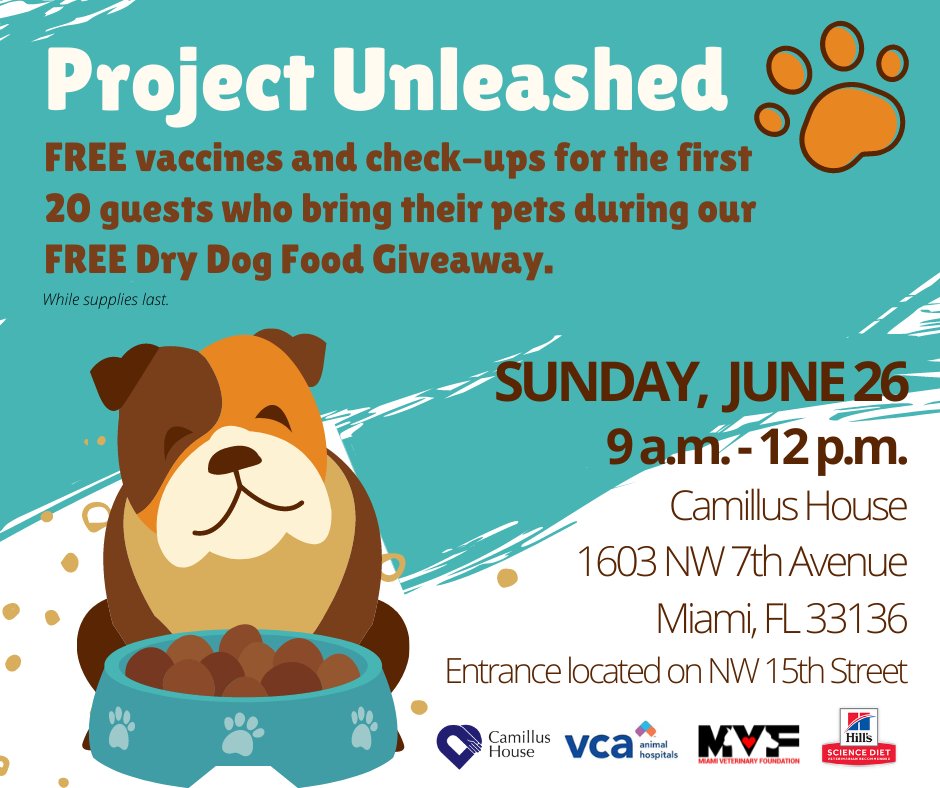 CamillusHouse's tweet photo. We're back! #ProjectUnleashed is a program providing free wellness & basic veterinary care clinic for low-income & homeless pet owners & their #furbabies. In this joint effort & 1st event since the start of the COVID pandemic pick up free dry dog food & see what we're all about! https://t.co/7mPKFgPoHt