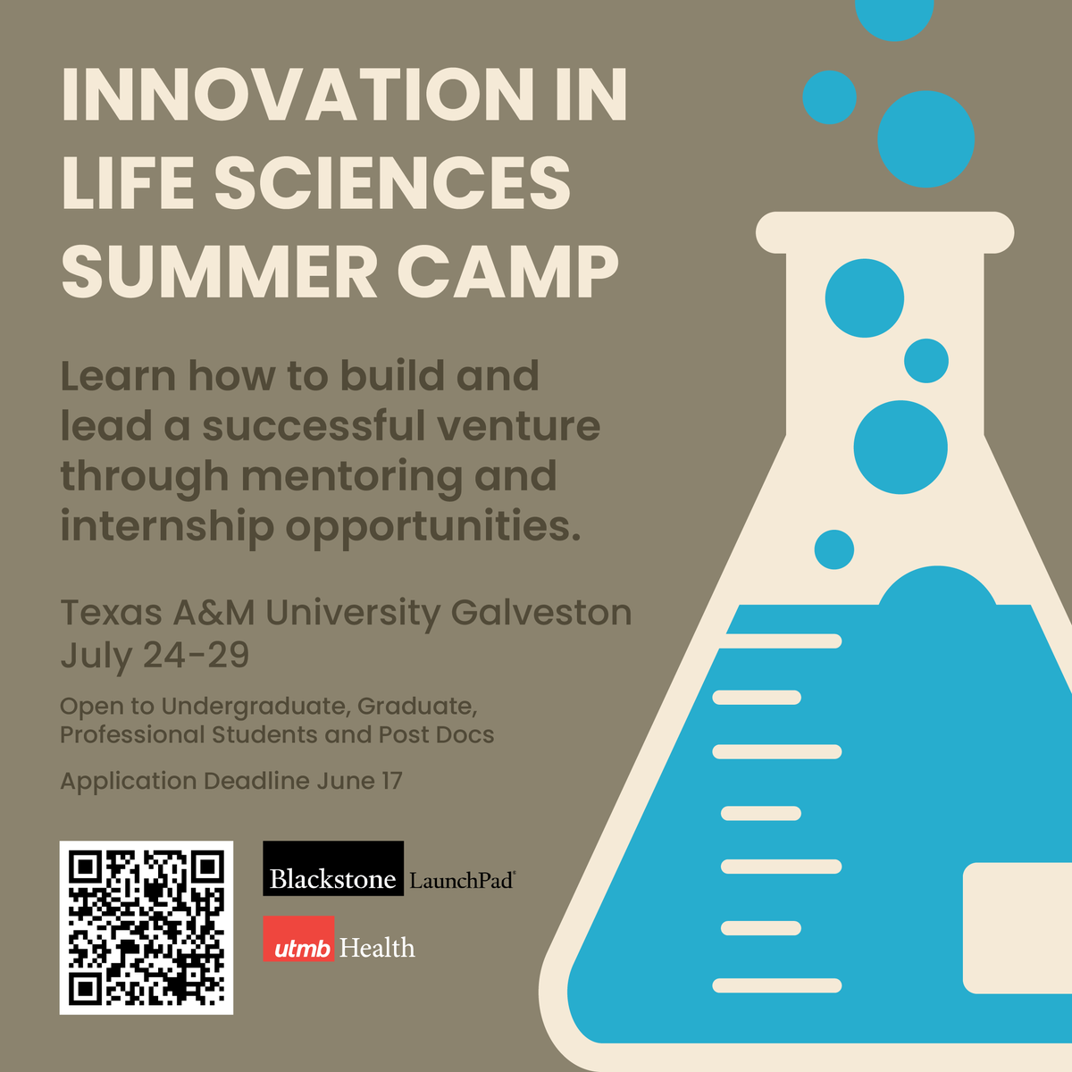 Are you a biological and life sciences entrepreneur? This is your chance to apply to the Innovation in Life Sciences Summer Camp!

 The camp will be held at Texas A&amp;M University Galveston on July 24-29! 

Application closes this Friday June 17, scan the code to apply!