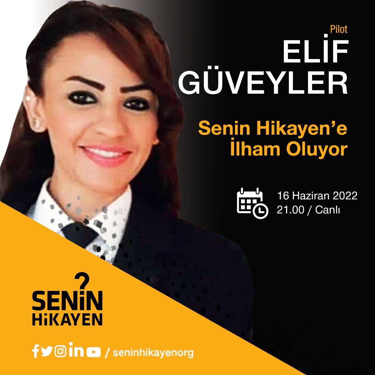 Yeryüzünden gökyüzüne uzanan bir hikaye... Pilot Elif GÜVEYLER ( <a href="/elifguveyler85/">Elif Güveyler</a> ) hanımefendi #seninhikayen 'e ilham oluyor. 💫

🗓 16 Haziran 2021
⏰ 21:00 

instagram.com/seninhikayenorg canlı yayınında buluşalım. ✈