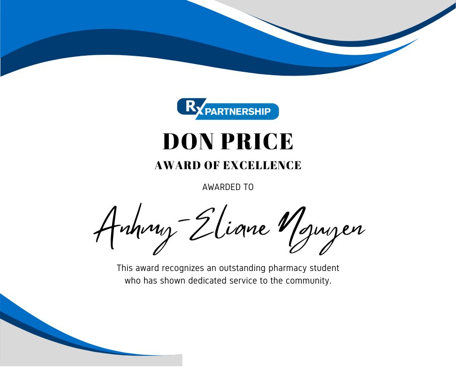 RxPartnershipVA's tweet photo. It gives us great pleasure to announce that Anhmy-Eliane Nguyen has been chosen as the recipient of the Don Price Award of Excellence. Congratulations, Éliane, and thank you for your hard work! https://t.co/Y2jTw7WLZ4