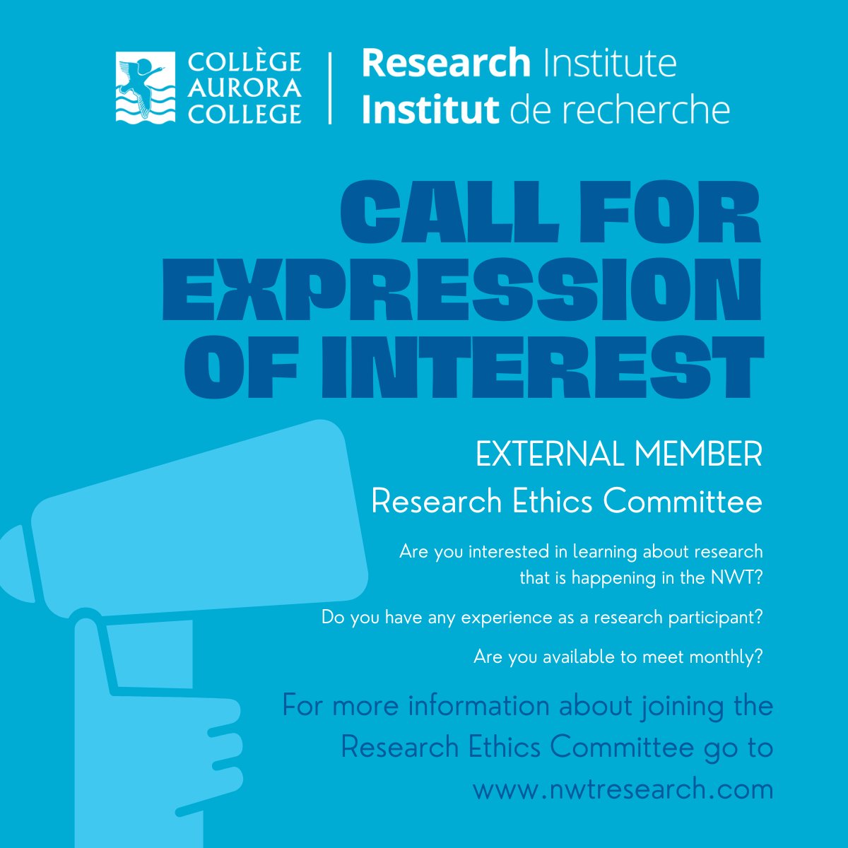 Aurora College is seeking three new members for its Research Ethics Committee (REC): two Indigenous External Members and one Internal Member (Alternate). Applications are due by July 15, 2022. For more information, go to nwtresearch.com/about-us/news/…. #nwtresearch #researchethics