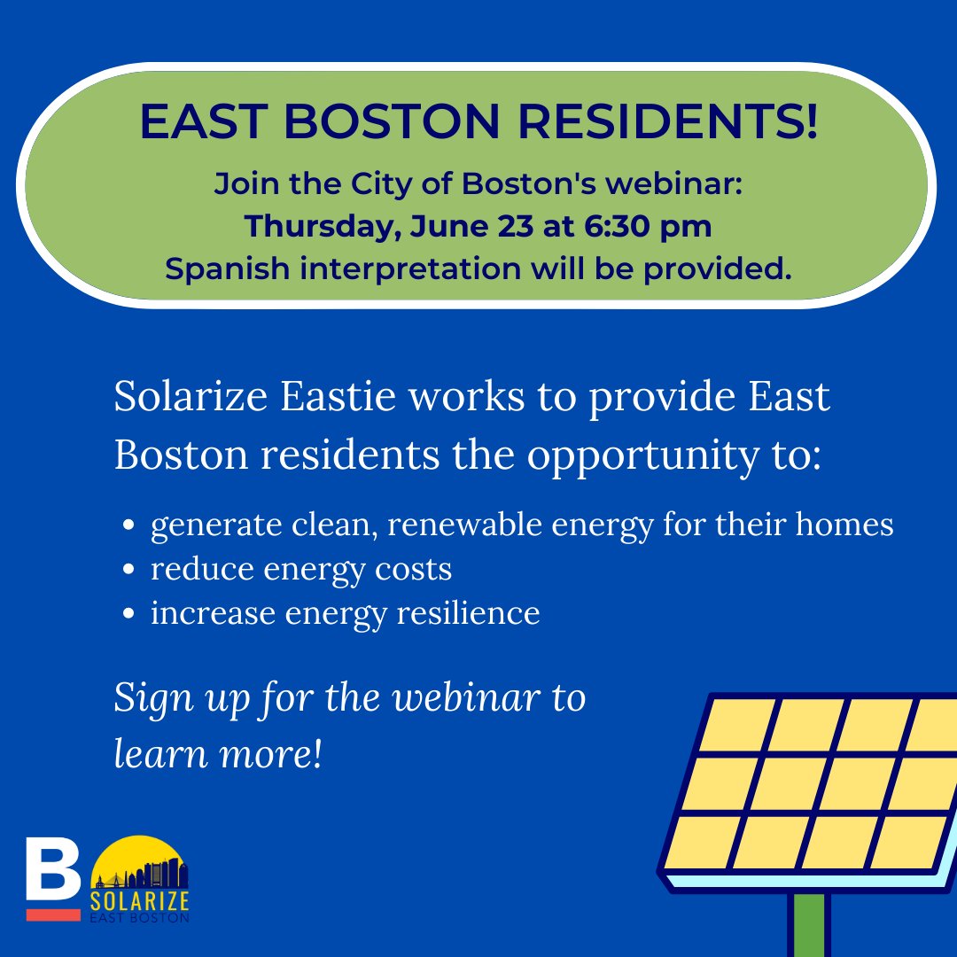 Environment Boston (@bostonenviro) on Twitter photo Calling #EastBoston residents! The City has partnered with <a href="/GreenRootsEJ/">GreenRoots</a> for the Solarize Eastie program.
It'll provide you with an affordable and accessible opportunity to generate renewable energy for your home.
Sign up for next week's webinar! us02web.zoom.us/meeting/regist… Calling #EastBoston residents! The City has partnered with <a href="/GreenRootsEJ/">GreenRoots</a> for the Solarize Eastie program.
It'll provide you with an affordable and accessible opportunity to generate renewable energy for your home.
Sign up for next week's webinar! us02web.zoom.us/meeting/regist…