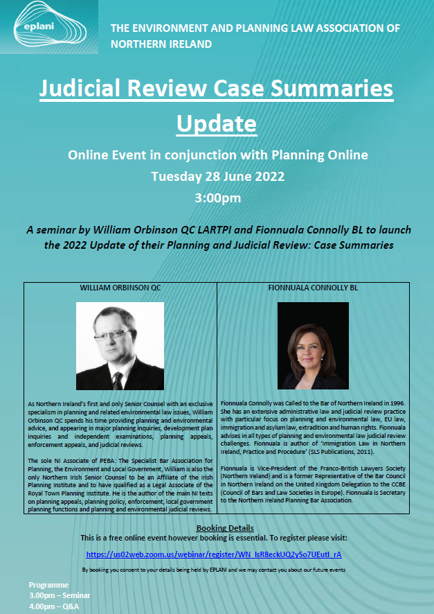 We are delighted to host a virtual seminar alongside Planning Online with an update on 'Judicial Review Case Summaries' which will be presented by our Chair William Orbinson QC and Fionnuala Connolly BL. Registration is essential via booking link: us02web.zoom.us/webinar/regist…