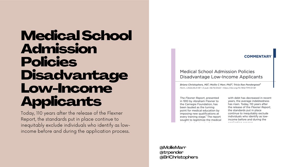 What does it really mean when medical schools claim that they are need-blind to a student’s financial situation if every section of the application (GPA, MCAT, activities, rec letters) is associated with income?

by <a href="/MollieMarr/">Mollie Marr, MD, PhD 🏳️‍🌈</a>, <a href="/BriChristophers/">Briana Christophers, PhD</a> &amp; me

thepermanentejournal.org/doi/full/10.78…