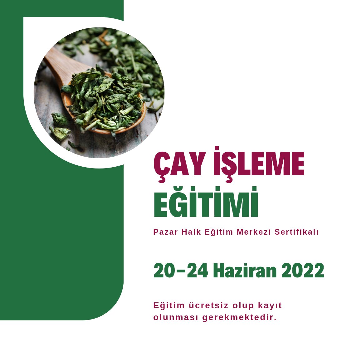 Pazar Ziraat Odası ve Çayeli Ziraat Odası ortaklığıyla, Çay Akademisi'nin eğitim programıyla Pazar Halk Eğitim Merkezi'nde "Çay İşleme Eğitimi" verilecektir. Detaylar ve katılım başvurusu için: bit.ly/CayEgitimi