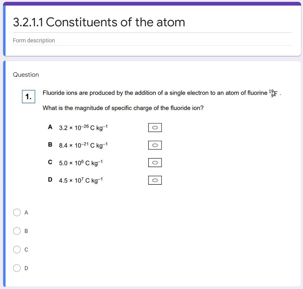 edmunds_dr's tweet image. Okay, cat's out of the bag. New project I've been distracted by is to make self-marking google forms for A level. 

I've done all of the year 12 topics for AQA, year 13 to follow. 

I reckon this is worth a retweet.

sciencedoctor.school.blog/google-forms/