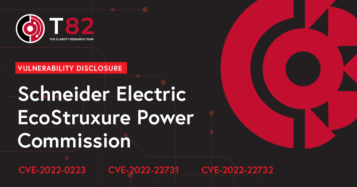 Claroty's tweet photo. Team82 found 3 vulns @SchneiderElec's EcoStruxure Power Commission software. If exploited, an attacker could create/overwrite critical files used to execute code.

More details &amp; remediation info: https://t.co/c6mlxsAozr

#Team82 Vulnerability Dashboard: https://t.co/xdN2g3a7ur https://t.co/iTW5GZxdCt