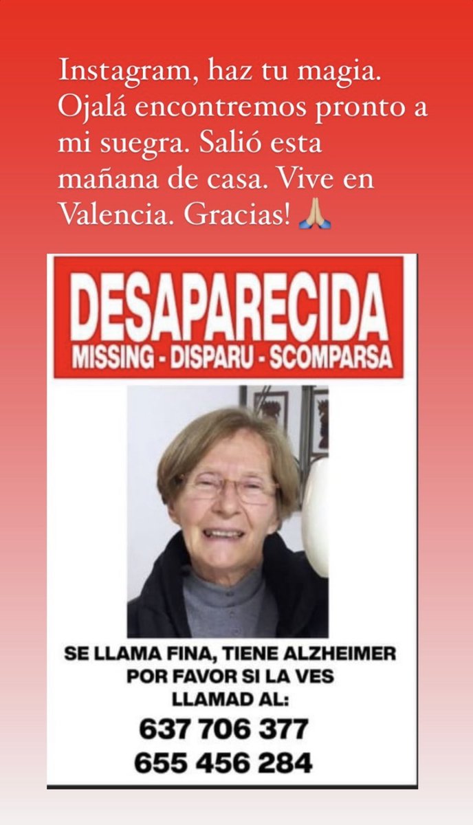 _cristinabea's tweet photo. Es la suegra de una compañera. Ha desaparecido hoy en València. 
Si alguien la ve… 🤞🏼🤞🏼🤞🏼 https://t.co/fhdcz11t9J