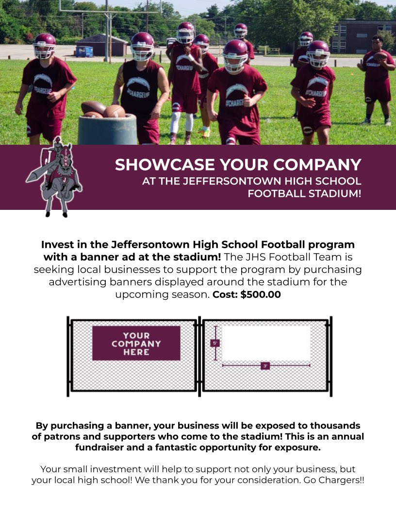 We are selling banners for our upcoming football season!! This is a great chance to showcase your company and help our program. Learn more here: forms.gle/MZnKybAVs8GnDw…