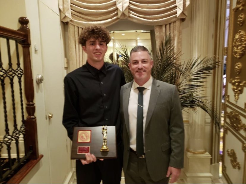 Coach Tuohey &amp; <a href="/brianwhitney05/">brian whitney</a> at the Passaic County all county dinner. Brian received 1st Team All County! #SwarmUp