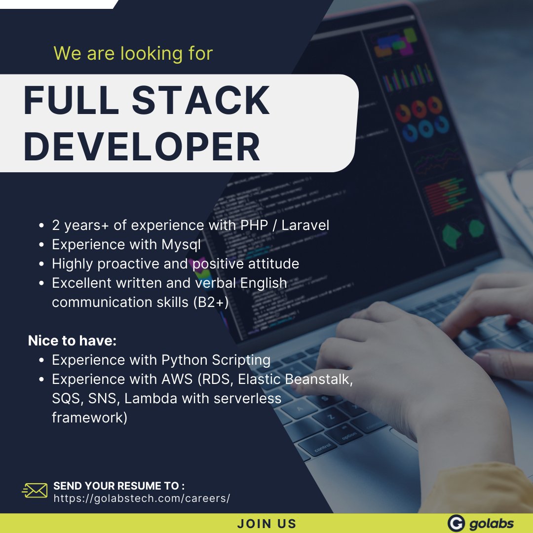 For all Full Stack Developers out there, Golabs is looking for you! 🚀
Send your resume here: jobs@golabstech.com
#fullstack #jobopportunity