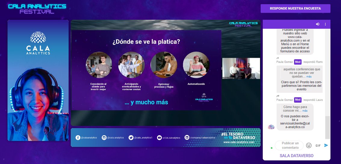 cala_analytics1's tweet photo. ¡¡¡¡¡YA ESTAMOS EN EL CALA ANALYTICS FESTIVAL!!!

#CalaAnalyticsFestival ¡¡📢 El evento online de analítica más grande de LATAM!! Si te apasiona la data, la analítica y quieres darle más poder a tus estrategias de negocio, regístrate e ingresa ahora en: 
https://t.co/PSQxgeKOdG https://t.co/1ZK1VIZKhI