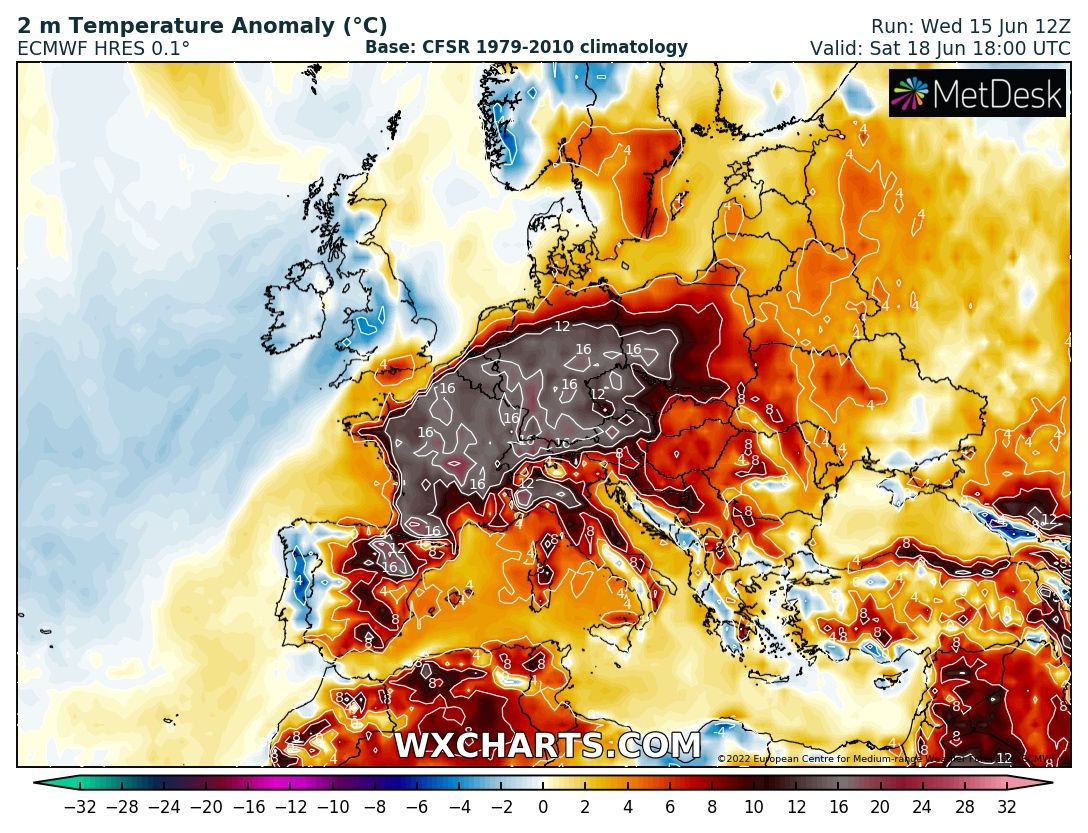 A potentially unprecedented heatwave is developing over Europe.

Almost every Western and Central European country could see its highest June temperatures ever recorded. 

Temperatures will be 10-20C above average, with temperatures as high as 44C (111F) in Spain and France.