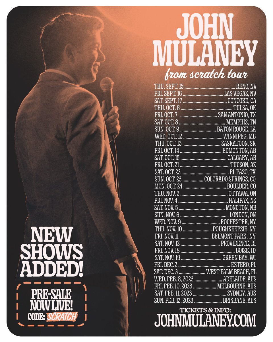 mulaney's tweet photo. Pre-sale NOW LIVE with code SCRATCH. Tickets and all upcoming tour dates at https://t.co/keHcteG2QW. #fromscratchtour https://t.co/Pb1F30jlYV