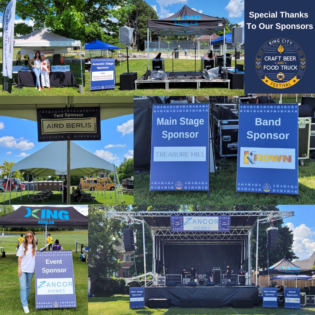 A very special thanks the 2022 King City Craft Beer &amp; Food Truck Festival Sponsors: Event Sponsor - Zancor Homes, Main Stage Sponsor - Treasure Hill, Tent Sponsor - Aird &amp; Berlis, Acoustic Stage Sponsor - Niusha &amp; Katherine from Engel &amp; Völkers and our Band Sponsor - Krown.