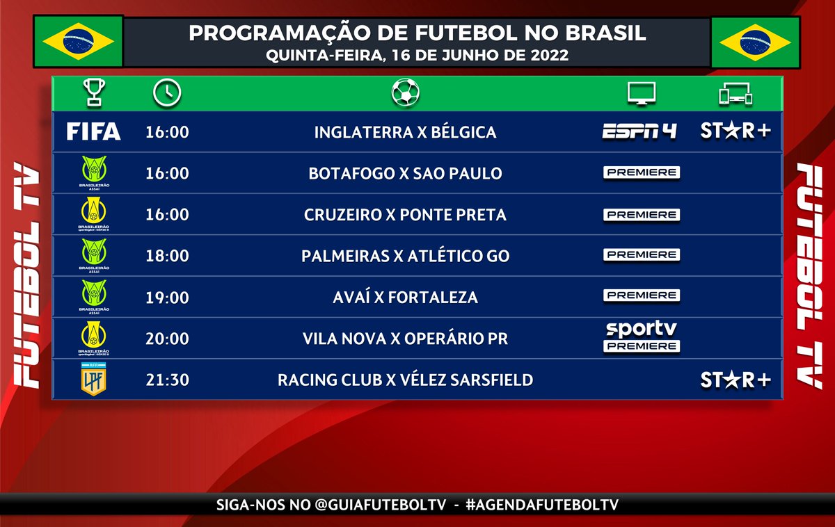 guiafuteboltv's tweet photo. 🇧🇷 Programação do Futebol no Brasil
📅 Quinta-feira, 16 de Junho de 2022

⏰ 📺 Horários e TV disponíveis no Brasil.
⚠️ Sujeito a modificações.

#Brasileirao2022 #BrasileiraoNoPremiere #BrasileiraoNoSporTV #BrasileiraoSerieA #BrasileiraoSerieB #FutebolNaESPN #ESPNnoStarPlus https://t.co/Aspf9d5TfN