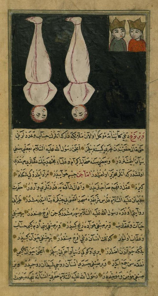 For their penance though they chose to remain on earth, hung upside down until the end of days. (image from al Qazwini’s Ajāʾib al-makhlūqāt, Walters Ms. W.659)